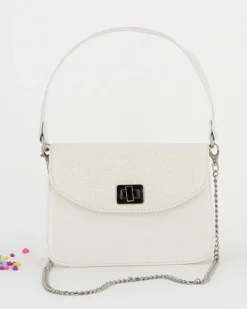 ANNES NICOLE - Pochette bianca un manico con patta glitterata, chiusura a girello e catenina removibile, MADE IN ITALY