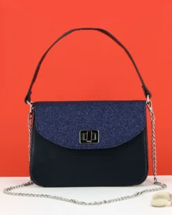 ANNES NICOLE - Pochette blu notte un manico con patta glitterata, chiusura a girello e catenina removibile, MADE IN ITALY