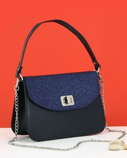 ANNES NICOLE - Pochette blu notte un manico con patta glitterata, chiusura a girello e catenina removibile, MADE IN ITALY