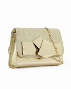 ANNES NICOLE - Pochette laminata platino con patta glitterata e fiocco removibile, MADE IN ITALY