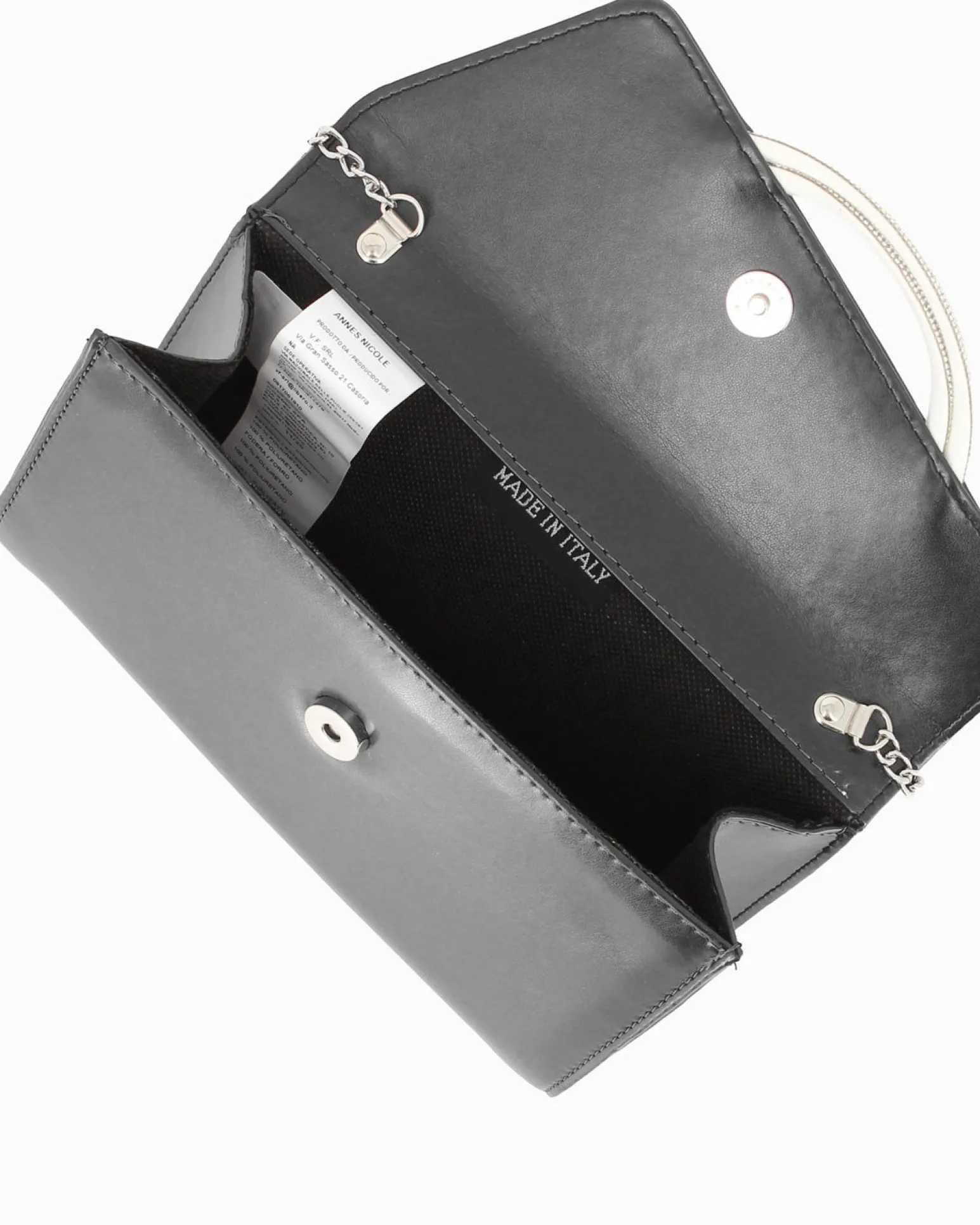 ANNES NICOLE - Pochette nera con cinturini in strass sulla patta e tracolla a catenina