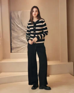 BACHATA - Cardigan manica lunga nero a righe beige da donna