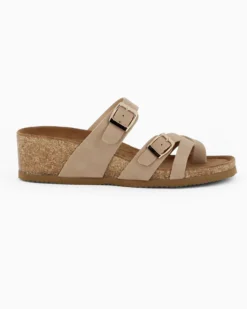 BACHATA - Ciabatta infradito beige effetto nabuk con doppia fibbia e sottopiede in VERA PELLE, zeppa 5CM