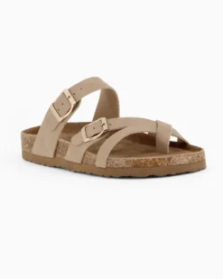 BACHATA - Ciabatta infradito beige effetto nabuk con doppia fibbia e sottopiede in VERA PELLE