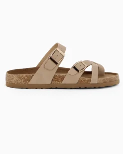 BACHATA - Ciabatta infradito beige effetto nabuk con doppia fibbia e sottopiede in VERA PELLE