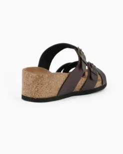 BACHATA - Ciabatta infradito marrone effetto matte con doppia fibbia e sottopiede in VERA PELLE, zeppa 5CM