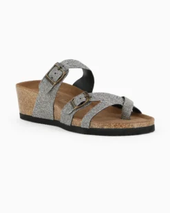 BACHATA - Ciabatta infradito taupe glitterata con doppia fibbia e sottopiede in VERA PELLE, zeppa 5CM