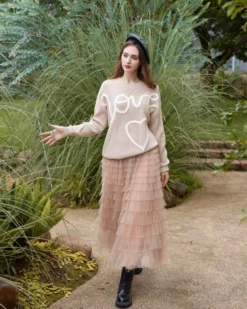 BACHATA - Gonna lunga in tulle a balze taupe con elastico in vita