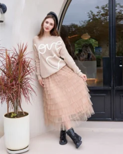 BACHATA - Gonna lunga in tulle a balze taupe con elastico in vita
