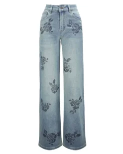 BACHATA - Jeans denim chiaro con stampa di rose