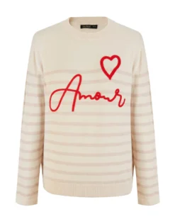 BACHATA - Maglia manica lunga avorio a righe beige con scritta Amour