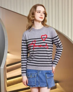 BACHATA - Maglia manica lunga grigia a righe nere con scritta Amour