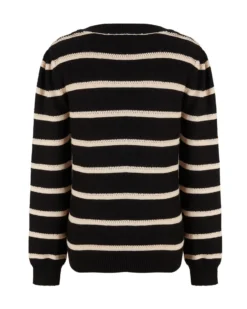 BACHATA - Maglia manica lunga nera a righe beige con scollo quadrato
