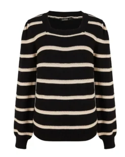 BACHATA - Maglia manica lunga nera a righe beige con scollo quadrato