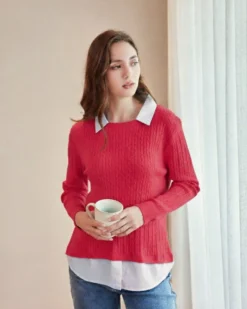 BACHATA - Maglia manica lunga rossa con finta camicia  bianca da donna