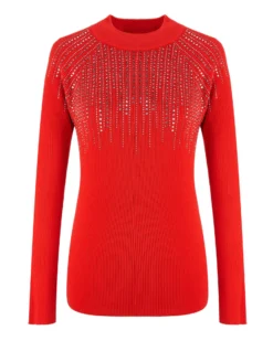 BACHATA - Maglia manica lunga rossa F12 con strass silver