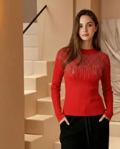 BACHATA - Maglia manica lunga rossa F12 con strass silver