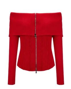 BACHATA - Maglia manica lunga rossa spalle scoperte e zip intera