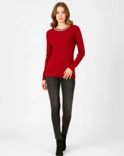 BACHATA - MAGLIA ROSSA CON DETTAGLIO CATENA CON STRASS SUL COLLO