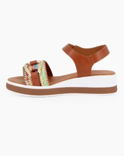 BACHATA - Sandalo cuoio con sottopiede in VERA PELLE e fascia frontale multicolor effetto paglia con morsetto - MADE IN ITALY