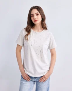 BACHATA - Tshirt manica corta beige con strass