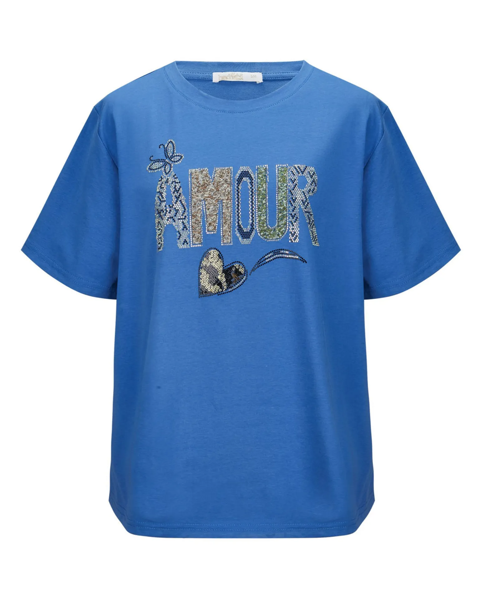 BACHATA - Tshirt manica corta denim con scritta e strass