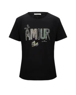 BACHATA - Tshirt manica corta nera con scritta e strass