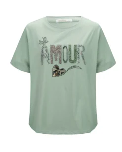 BACHATA - Tshirt manica corta verde salvia con scritta e strass