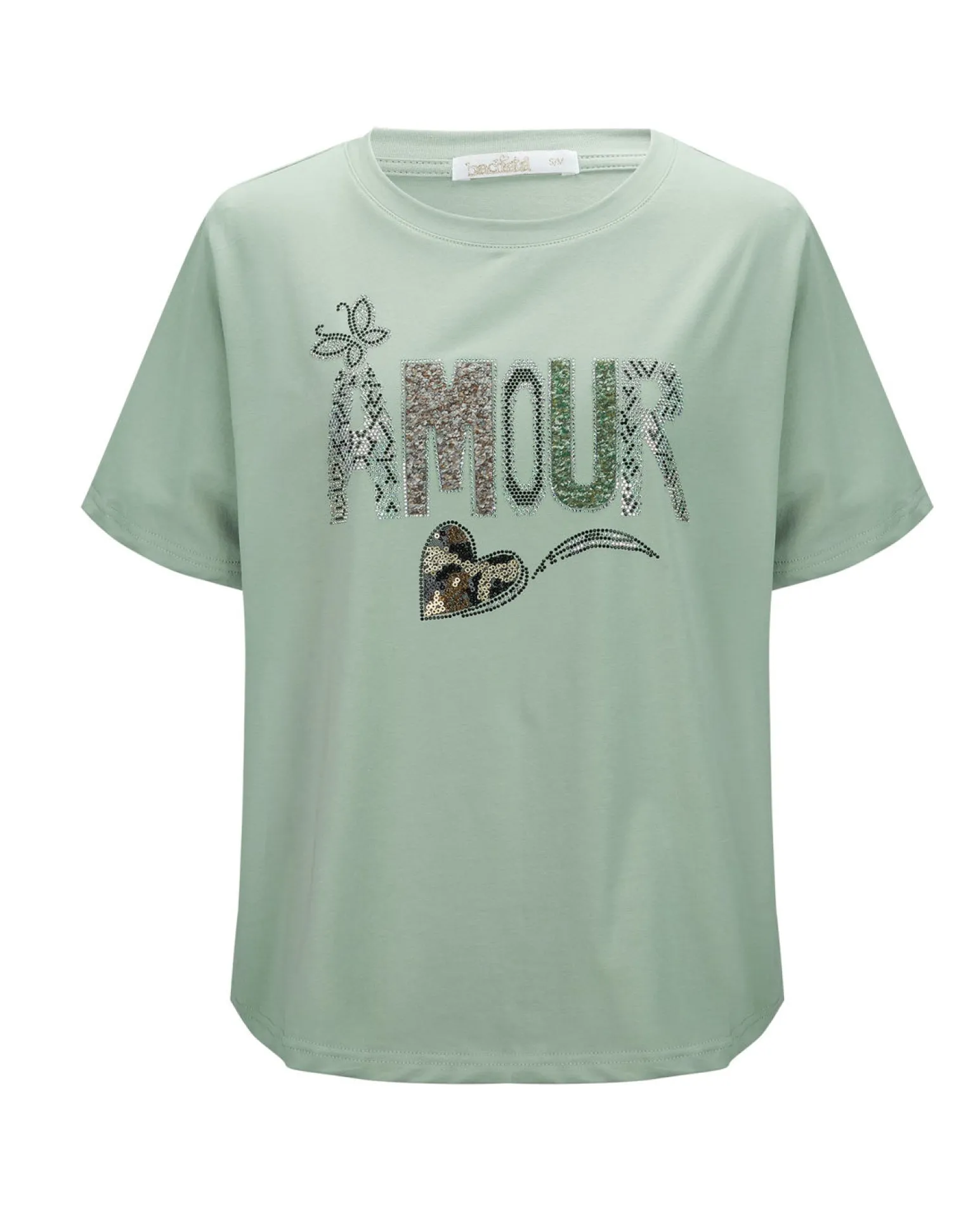 BACHATA - Tshirt manica corta verde salvia con scritta e strass