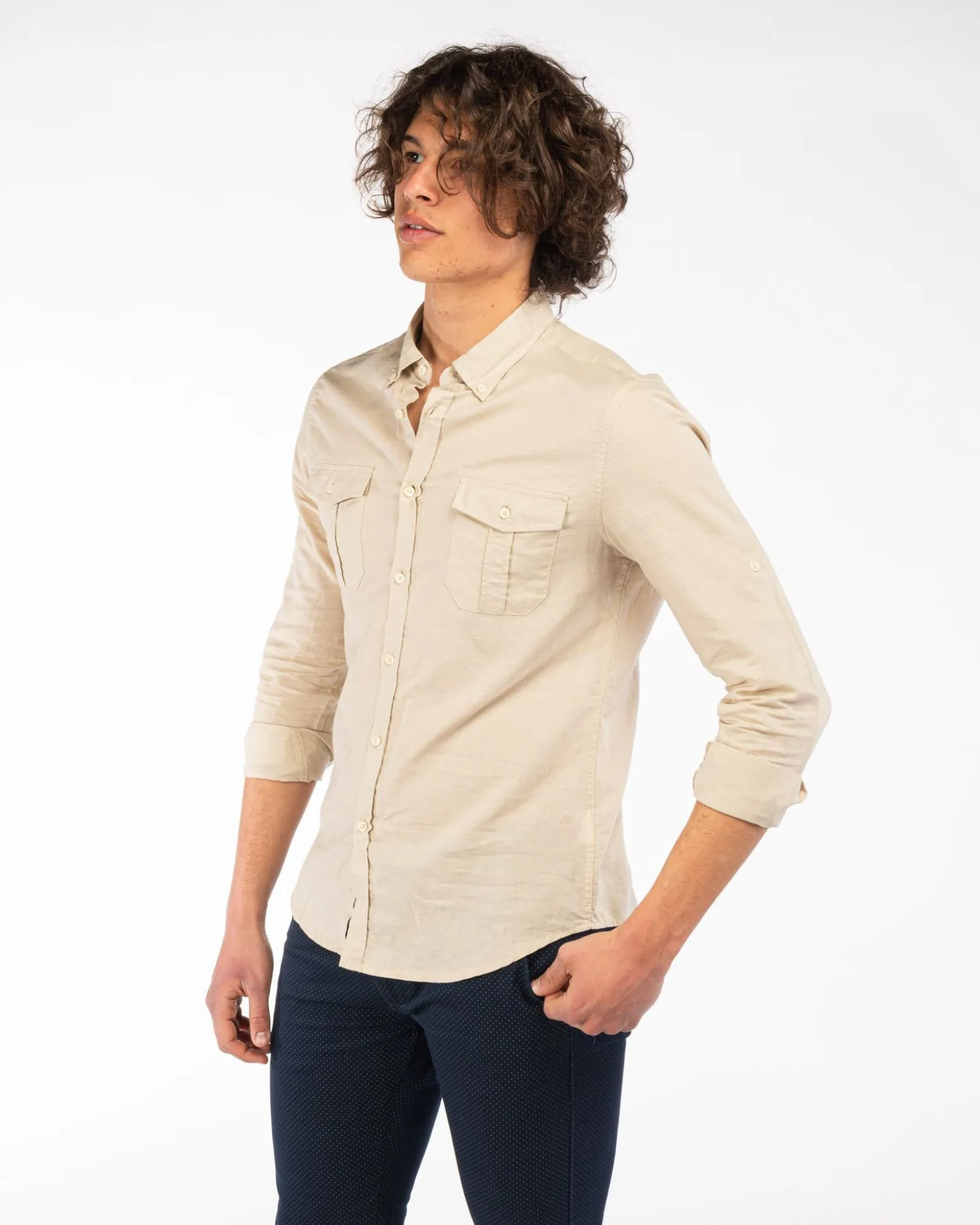 BLUE LEMON - CAMICIA BD MANICA LUNGA LINO 2 TASCHINI