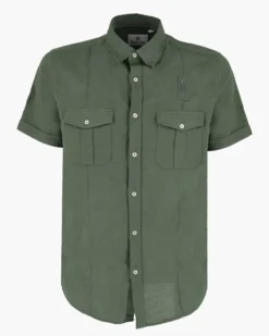 BLUE LEMON - Camicia manica corta verde militare in lino