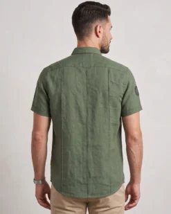 BLUE LEMON - Camicia manica corta verde militare in lino