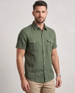 BLUE LEMON - Camicia manica corta verde militare in lino