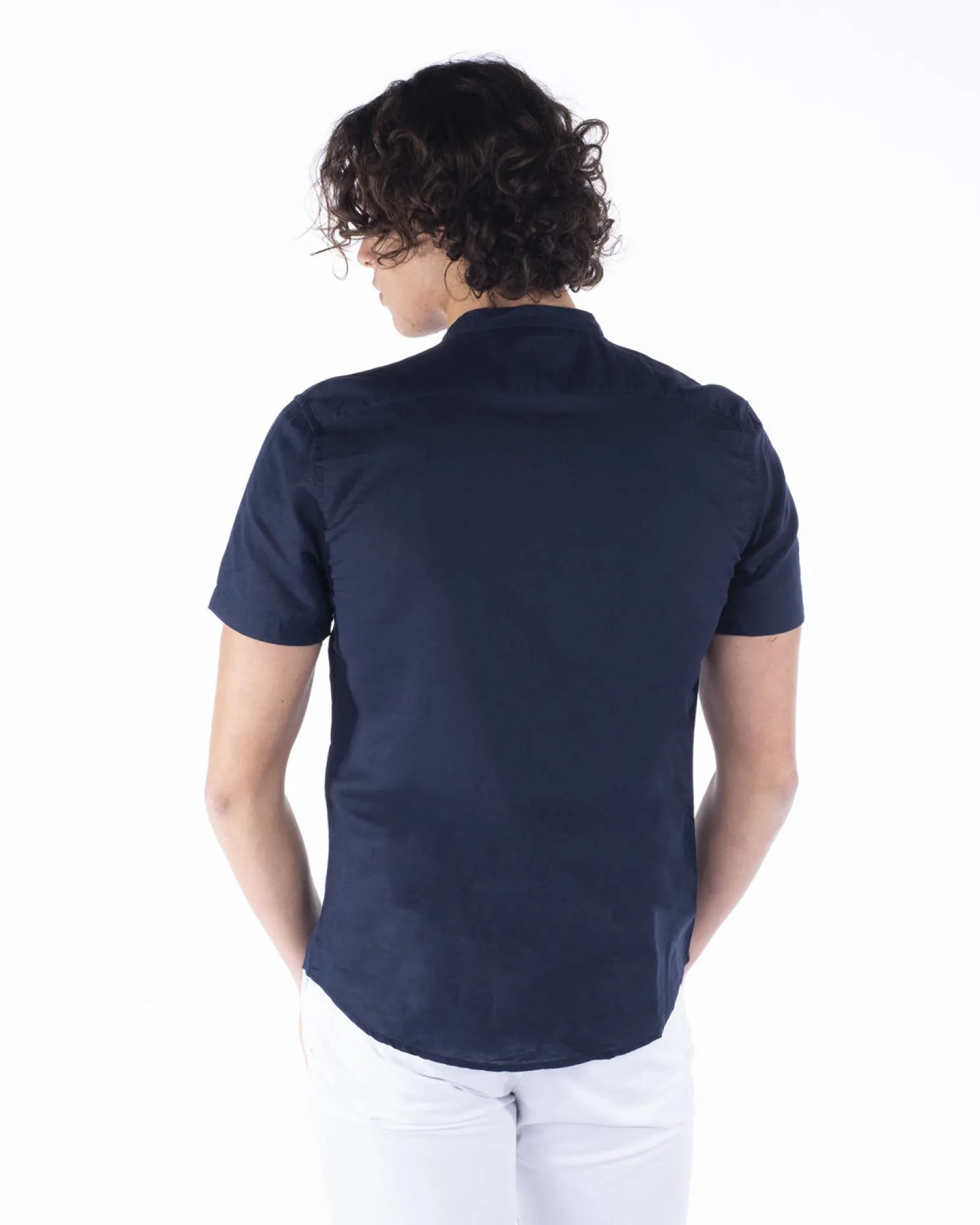 BLUE LEMON - Camicia manica corta blu collo coreano in lino