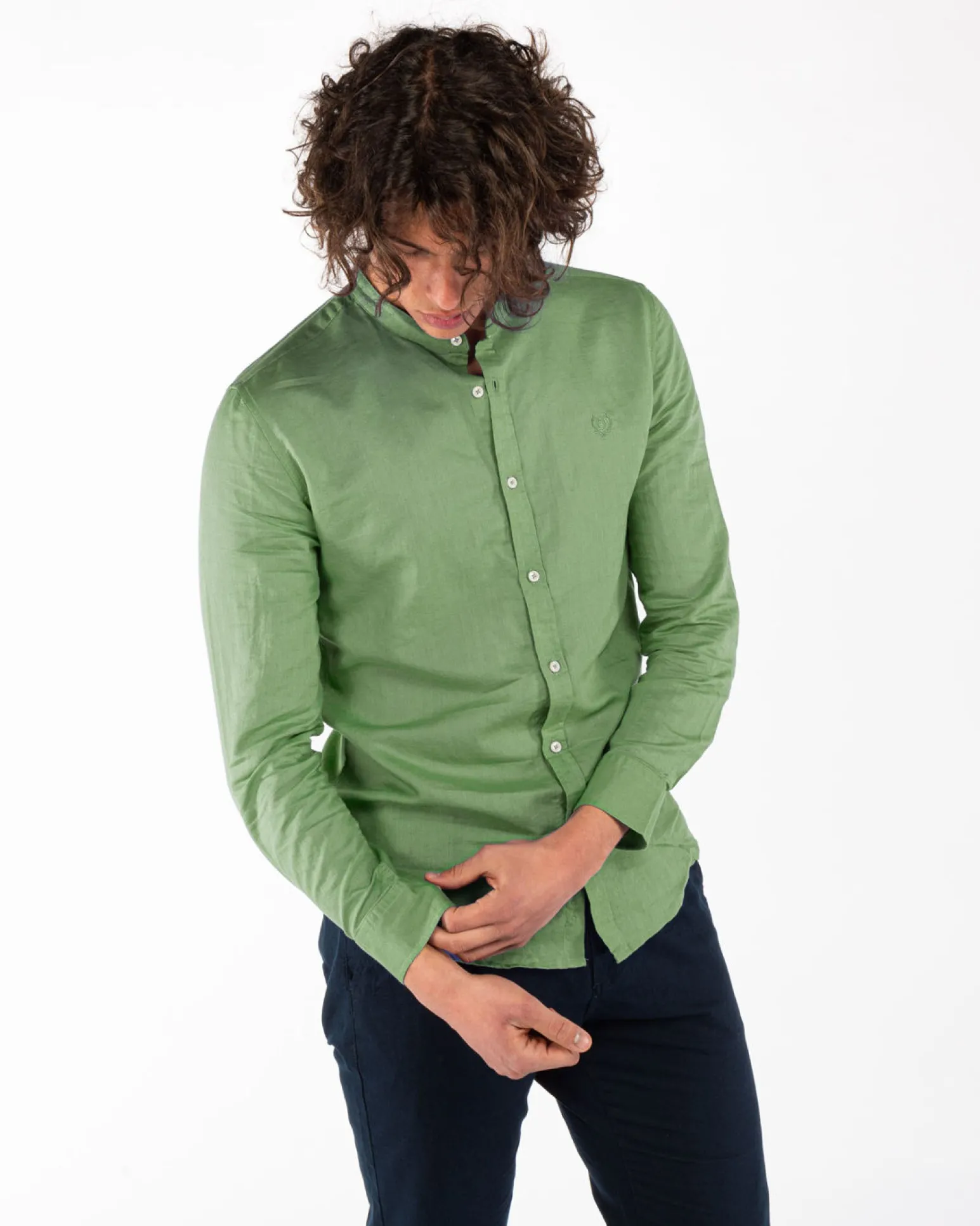 BLUE LEMON - Camicia manica lunga glicine con collo coreano in lino
