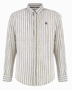 BLUE LEMON - Camicia manica lunga riga grande verde salvia misto lino botton down