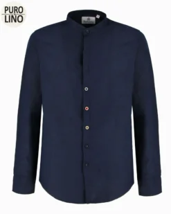 BLUE LEMON - Camicia manica lunga blu con collo corano in lino