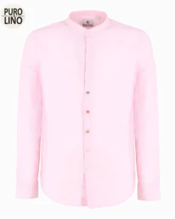 BLUE LEMON - Camicia manica lunga riga grande azzurra misto lino botton down