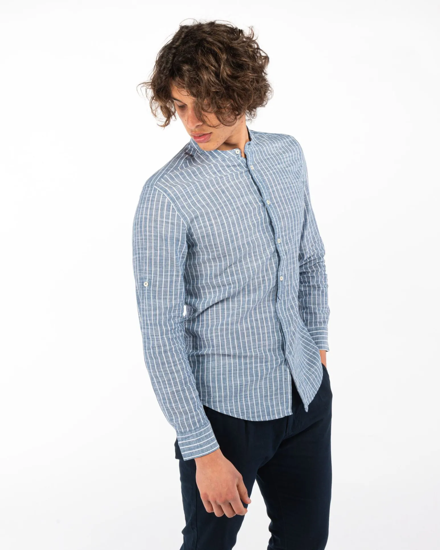 BLUE LEMON - CAMICIA MANICA LUNGA LINO RIGATO COREANO
