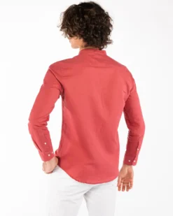 BLUE LEMON - Camicia manica lunga corallo con collo coreano in lino