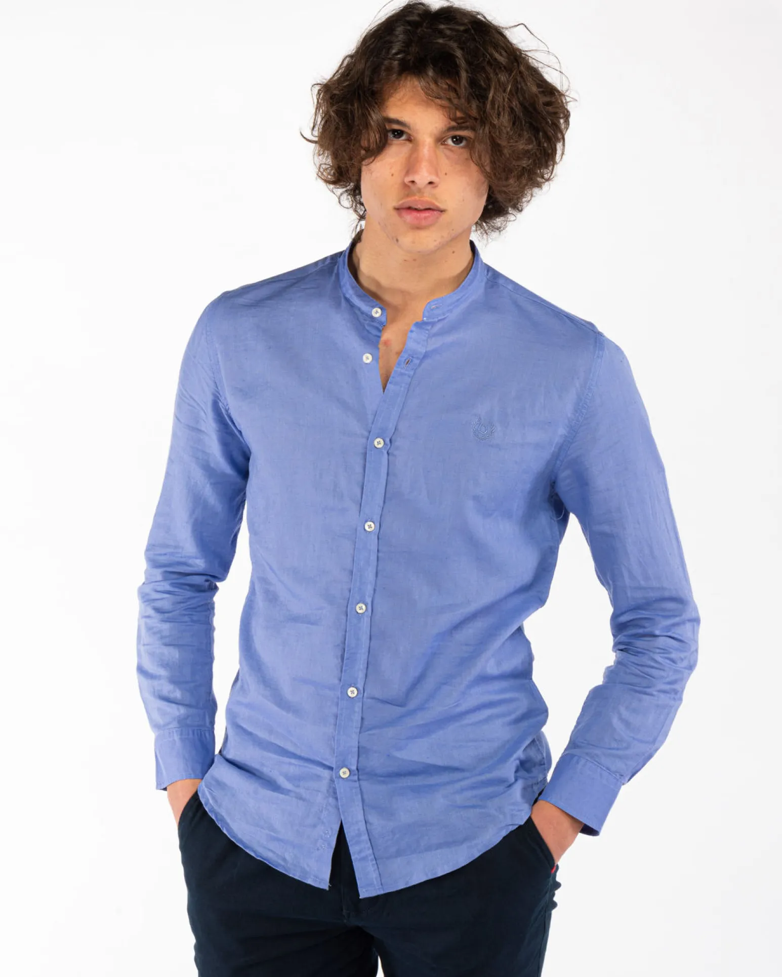 BLUE LEMON - Camicia manica lunga glicine con collo coreano in lino