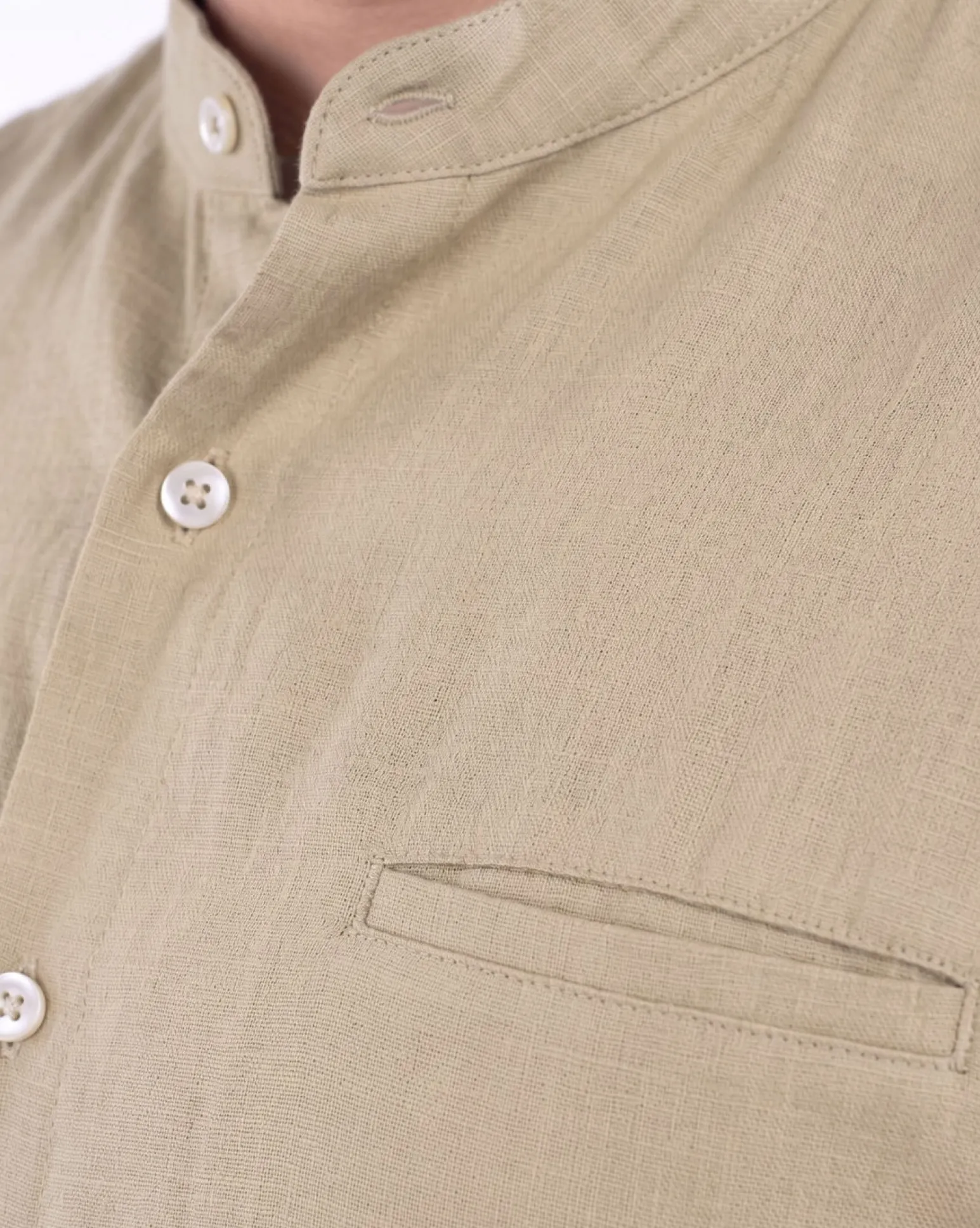 BLUE LEMON - Camicia over manica corta beige con collo coreano in lino