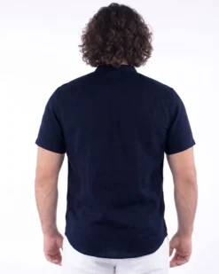 BLUE LEMON - Camicia over manica corta blu con collo coreano in lino