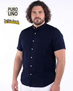 BLUE LEMON - Camicia over manica corta blu con collo coreano in lino