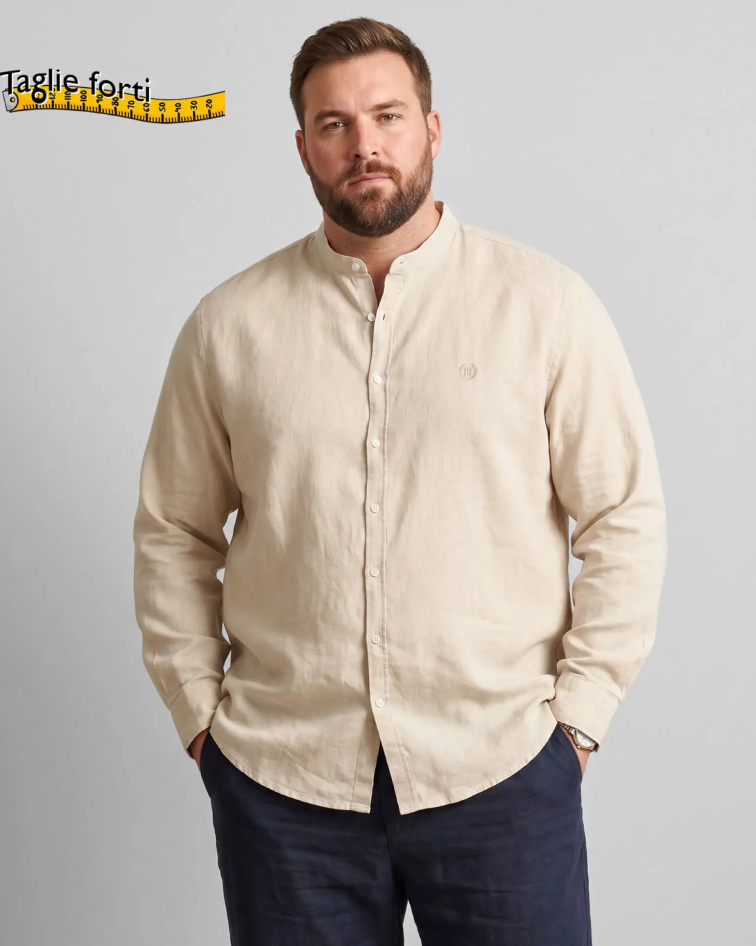BLUE LEMON - OVER CAMICIA MANICA LUNGA LINO BEIGE COLLO COREANO