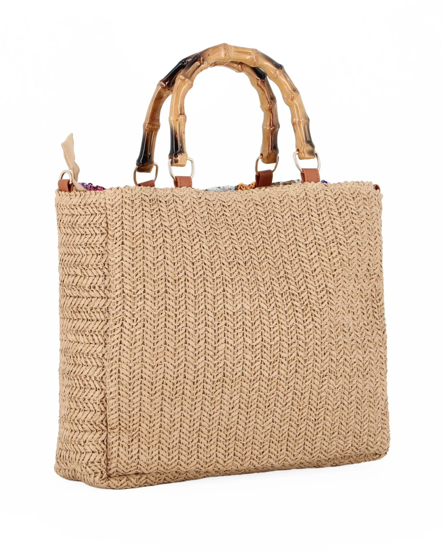 BORSA PAGLIA RICAMI FLOREALI MAN.BAMBOO
