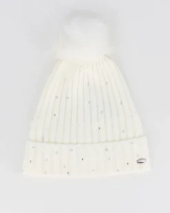 BRUGI - Berretto bianco a maglia da donna con pon pon, brillantini e fodera in pile