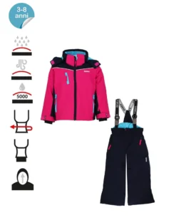 BRUGI - Completo da sci bambina fuchsia e nero impermeabile e antivento con cappuccio