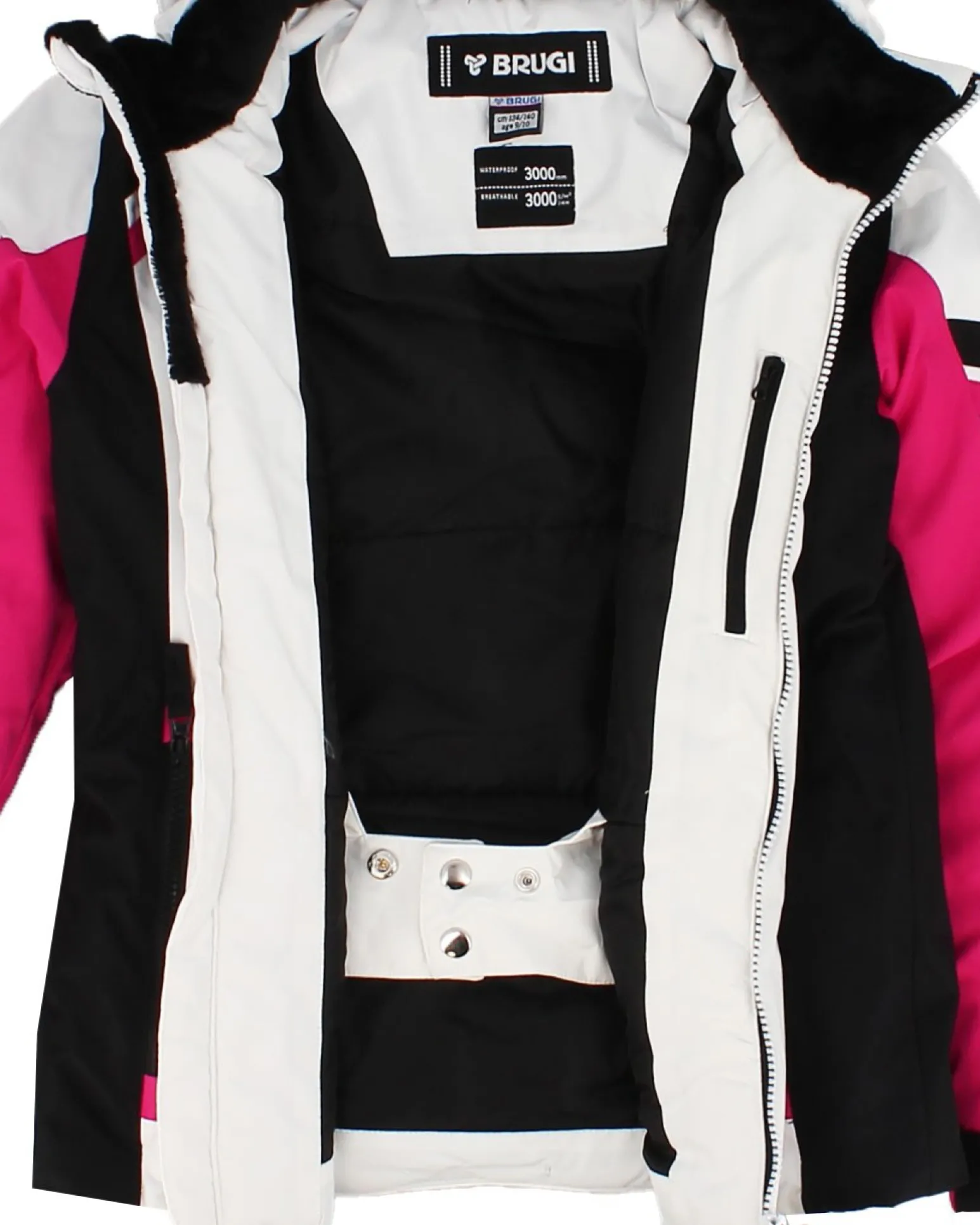 BRUGI - Completo da sci bambina bianco e fuchsia impermeabile antivento e traspirante con cappuccio