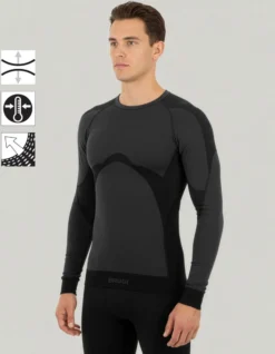 BRUGI -MAGLIA MANICA LUNGA  DA UOMO NERA E GRIGIA TERMICA TRASPIRANTE SENZA CUCITURE - 9GZO-T365